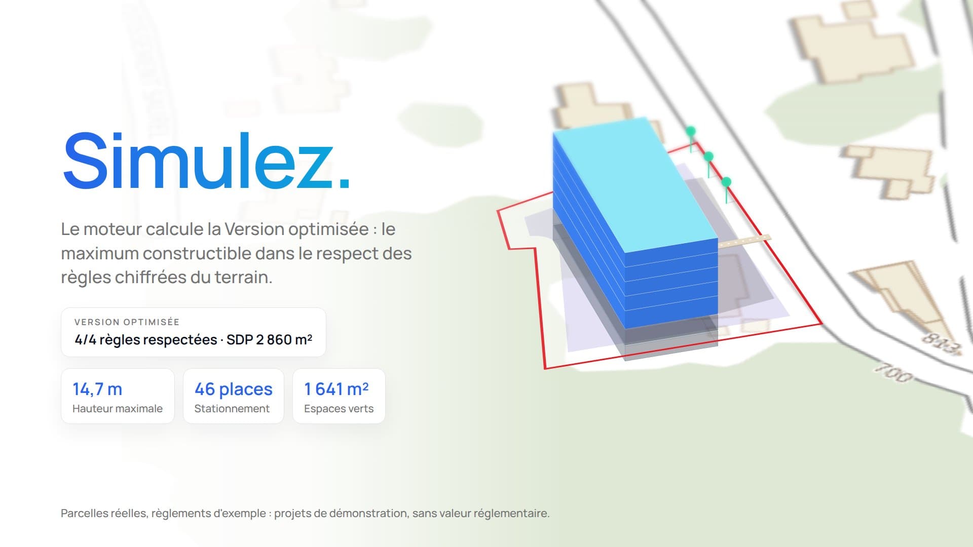 Volumétrie optimisée d'un projet de démonstration posée sur sa parcelle, avec le titre « Simulez. »